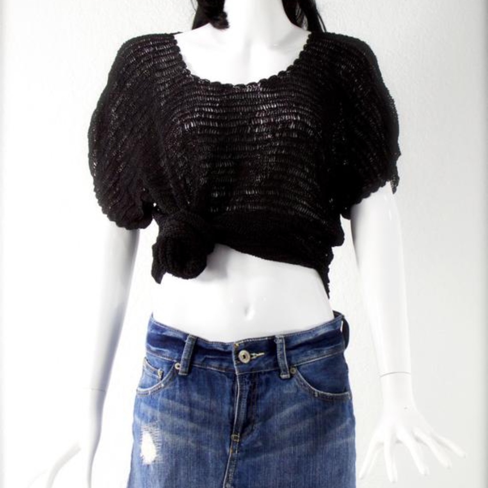 1970s ZODIAC India Black Crochet Blouse